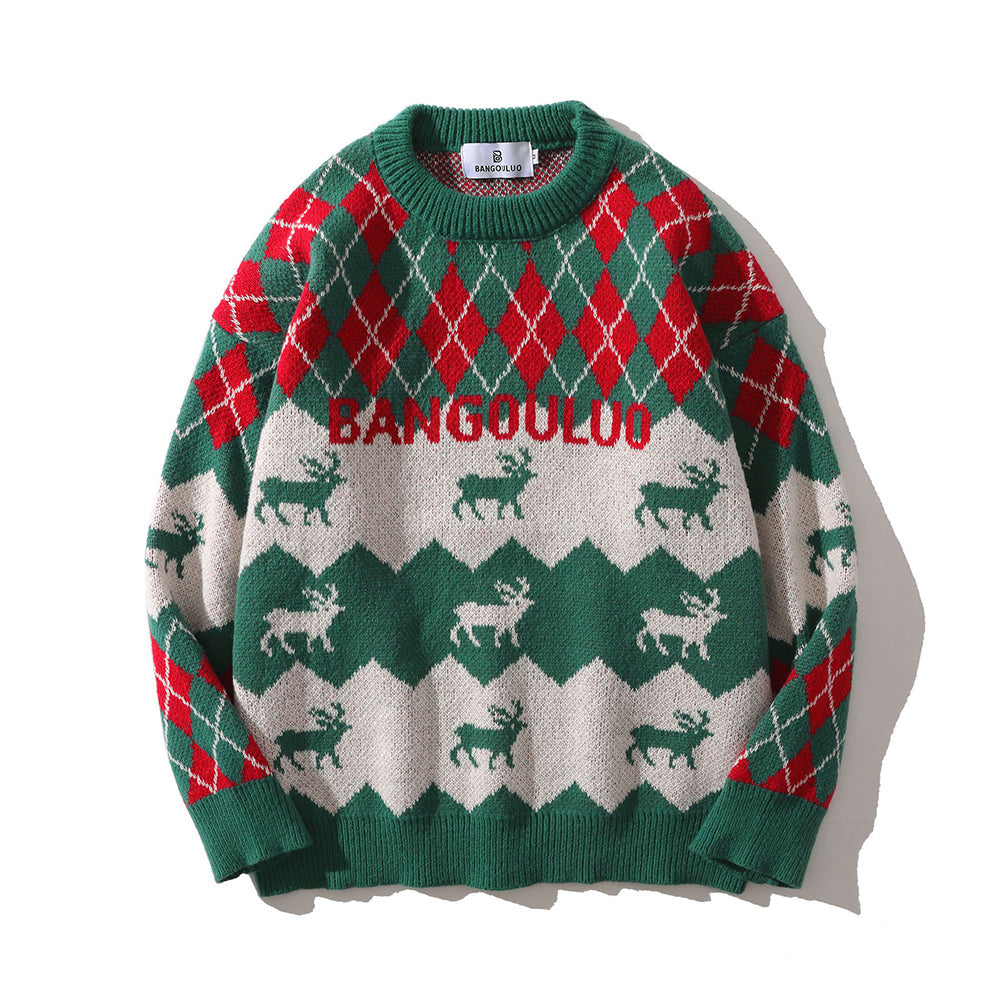 Long Sleeve Rhombus Plaid Deer Knitted Sweater