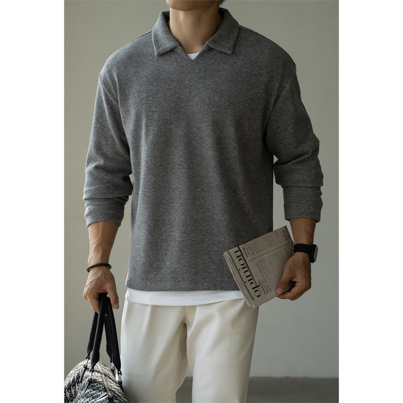 Woolen Drop-shoulder Sleeve V-neck Polo Shirt Men Casual Long Sleeve T-shirt