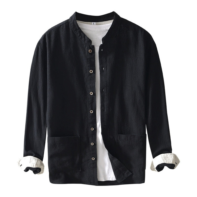 Chinese-style Stand Collar Ramie Long-sleeved Shirt Breathable Linen Casual Chinese-style Shirt For Men