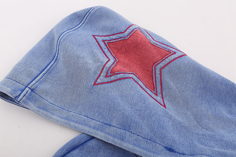 American-style Retro Hip Hop Letters Embroidered Patch Washed Hooded Sweater Men