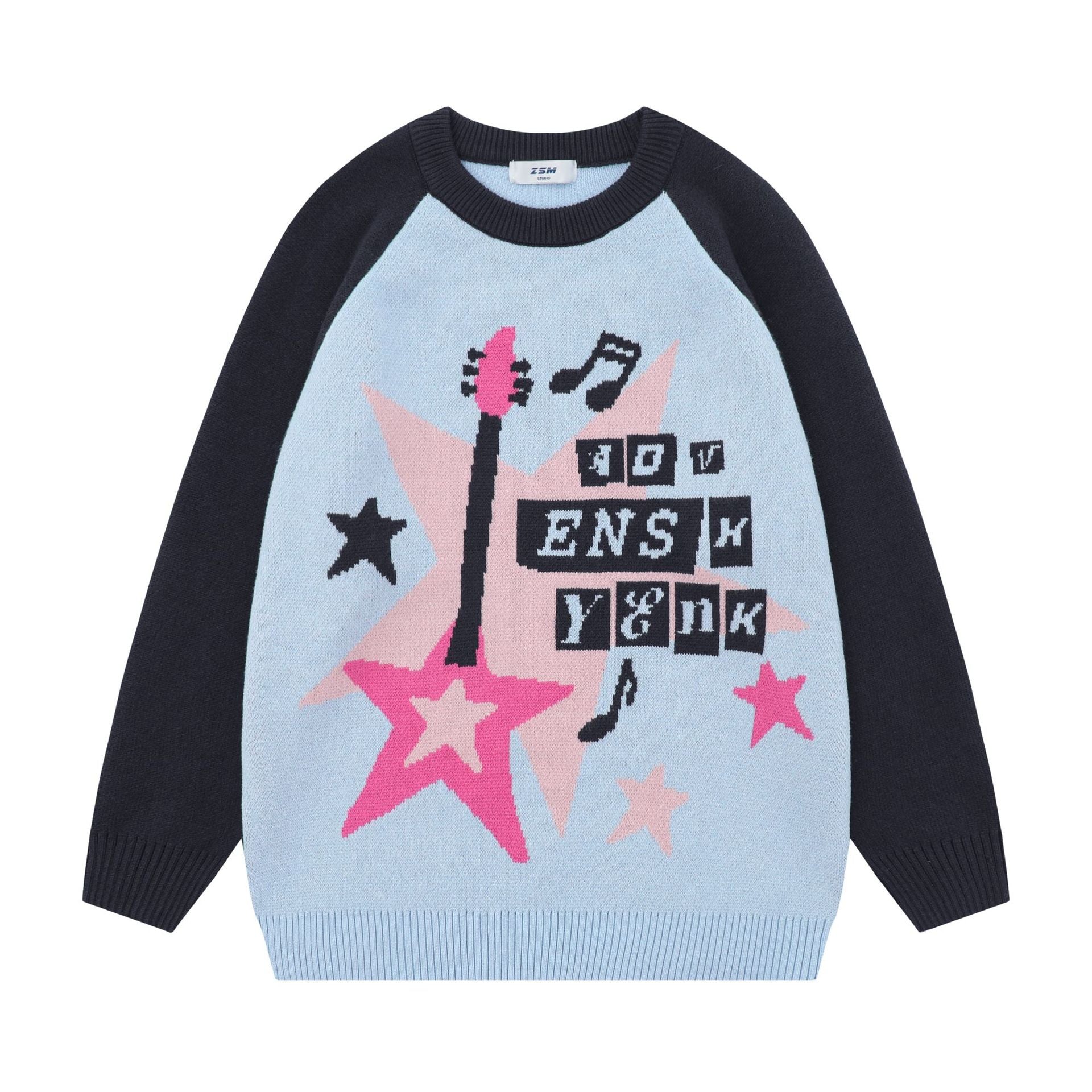 Loose Color Matching Jacquard Round Neck Knitted Sweater
