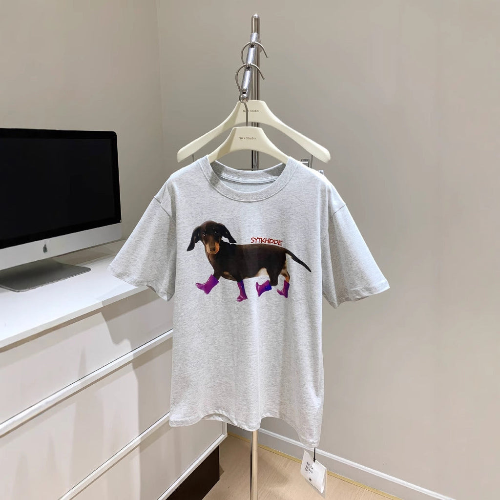 Niche Sausage Dog Print Short Sleeved T-shirt Loose