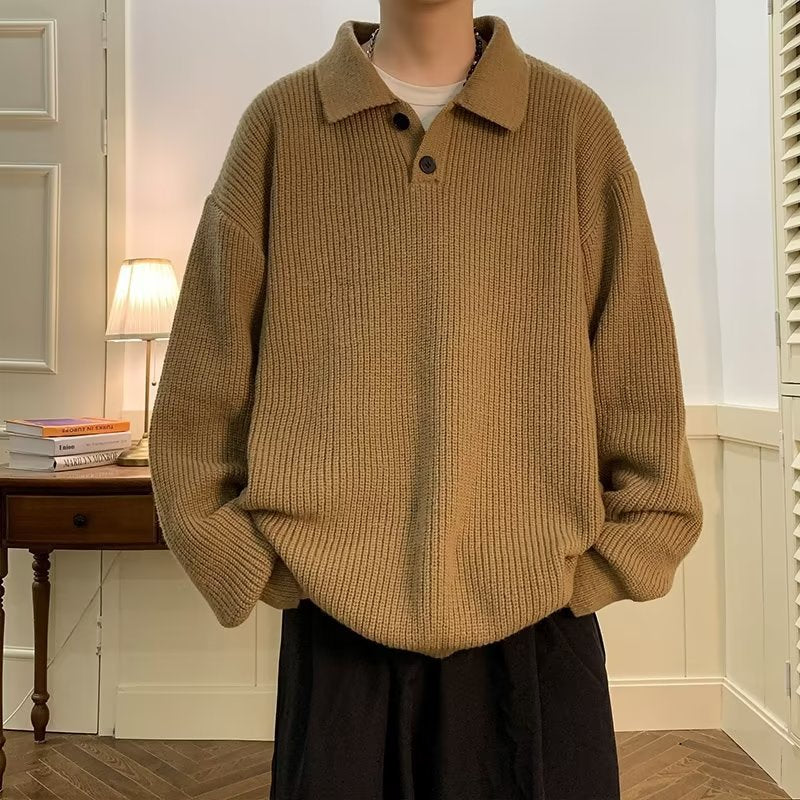 Polo Collar Sweater Men's American Retro Coffee Color High Sense Oversize Inner Sweater