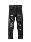 Men Ripped Patch PU And Leather Zipper Jeans