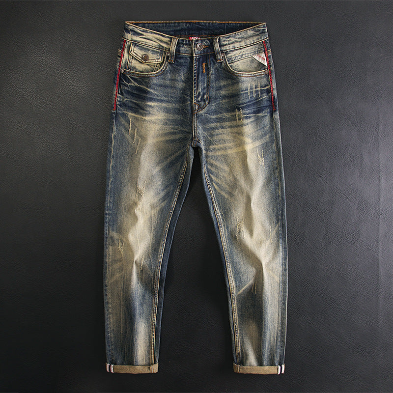 Men's American Retro Nostalgic Washed Slim-fitting Small Straight Stretch Pu Handsome Autumn And Winter Fashion