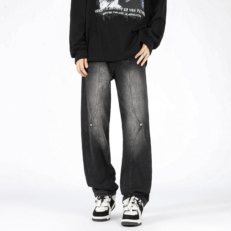 Men's Retro Patchwork Beaded Loose Jeans