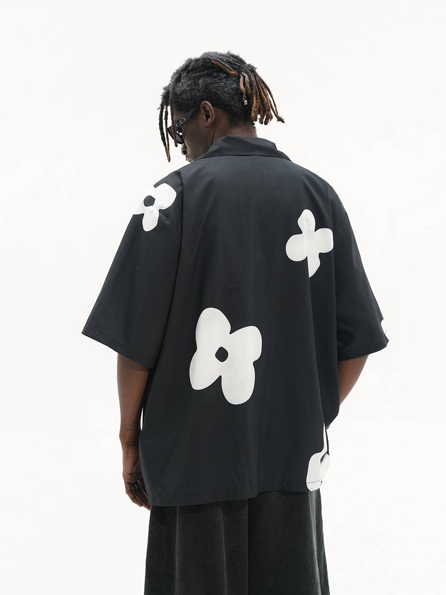 Hand Drawn Silhouette Floral Vintage Cuban Collar Short Sleeve shirt