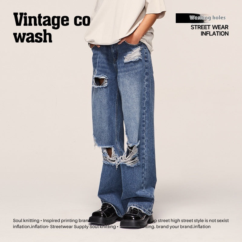 Street Men's Wear Hole Washing Water Wide-leg Jeans
