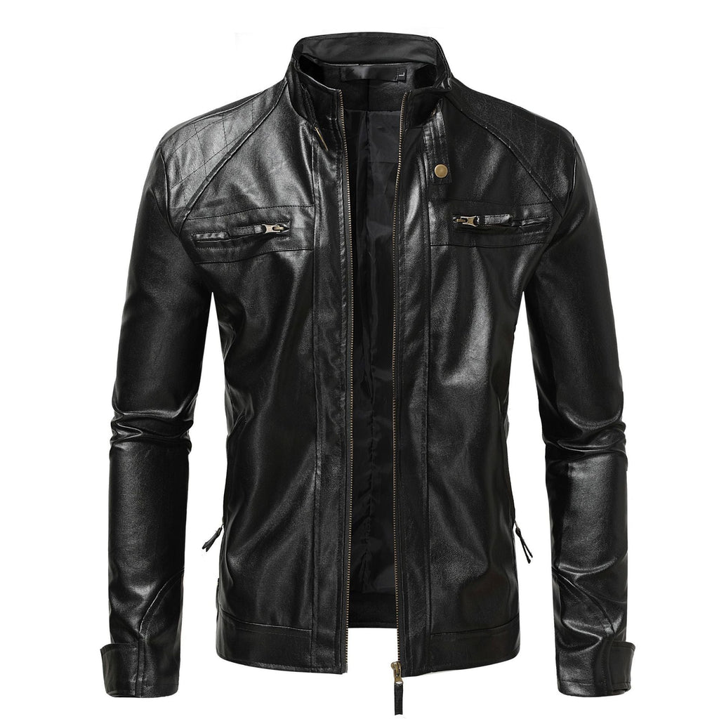Men's Leather Coat Stand Collar Double Zipper