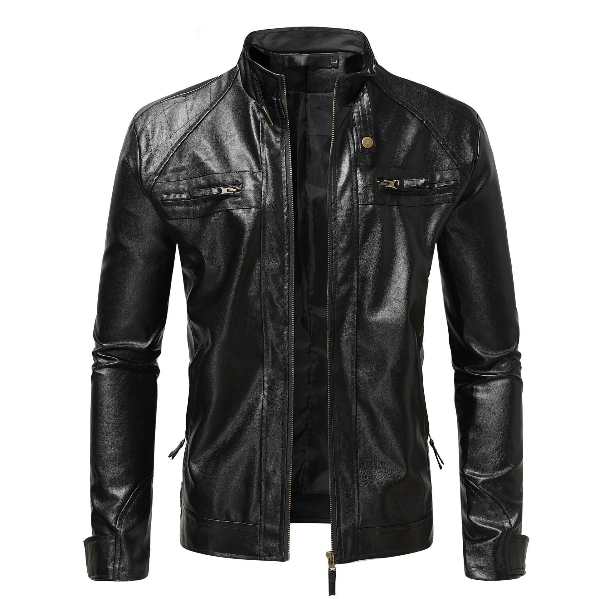 Men's Leather Coat Stand Collar Double Zipper