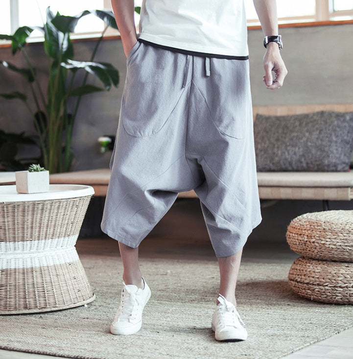 New Chinese style cotton low-grade trousers big pants youth solid color wild large size casual pants loose tide