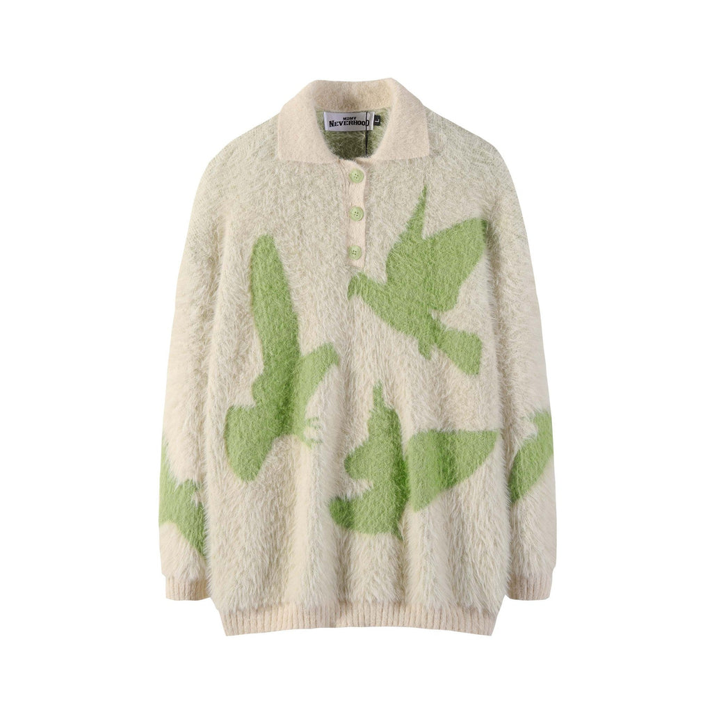 Pigeon Jacquard Furry Lapel Sweater