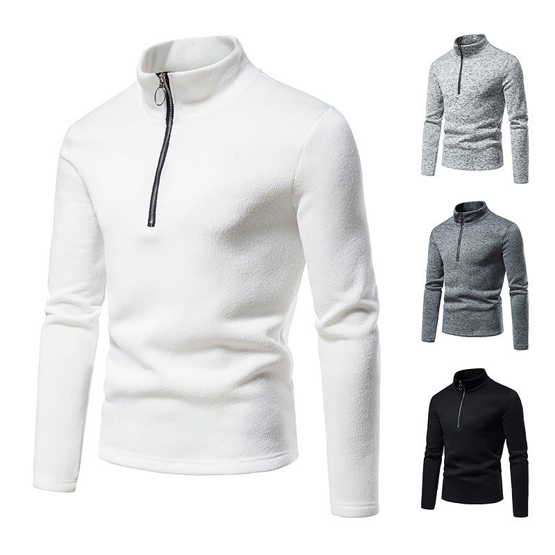 Hollow Youth Placket Zipper Design High Neck Bottoming T Shirt Sweater Men