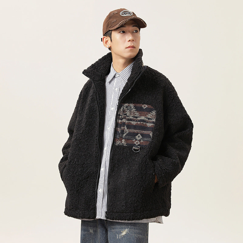 American Retro Patchwork Cashmere Cotton-padded Coat