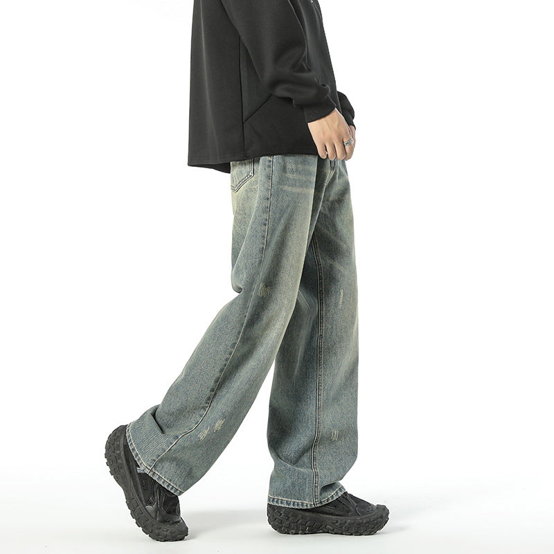 Retro Worn Looking Washed-out Green Blue Jeans For Men