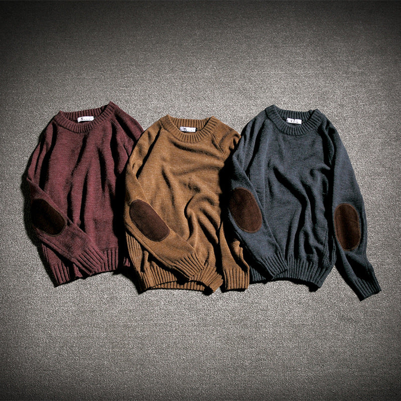 Men's Knitwear Solid Color Patch Handsome Student Crewneck Sweater