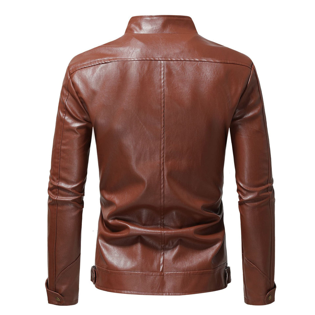 Men's Leather Coat Stand Collar Double Zipper