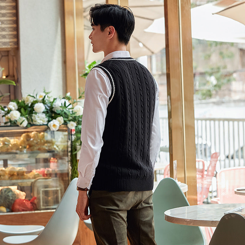 Korean Version Of Men's Slim Cotton Sleeveless Contrast Color V-neck Vest Twisted Flower