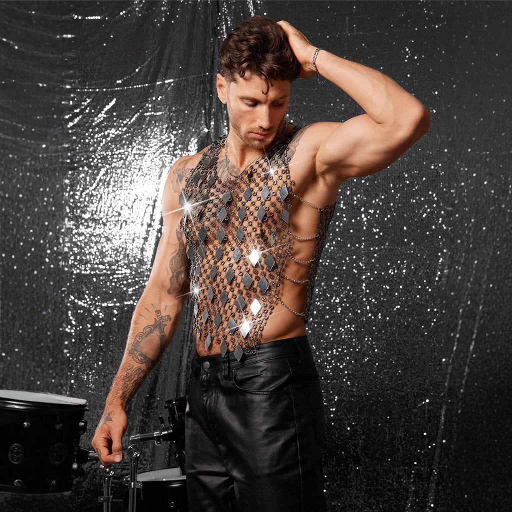 Men's Diamond Studded Fishing Net Hollow Diamond Bead Vest