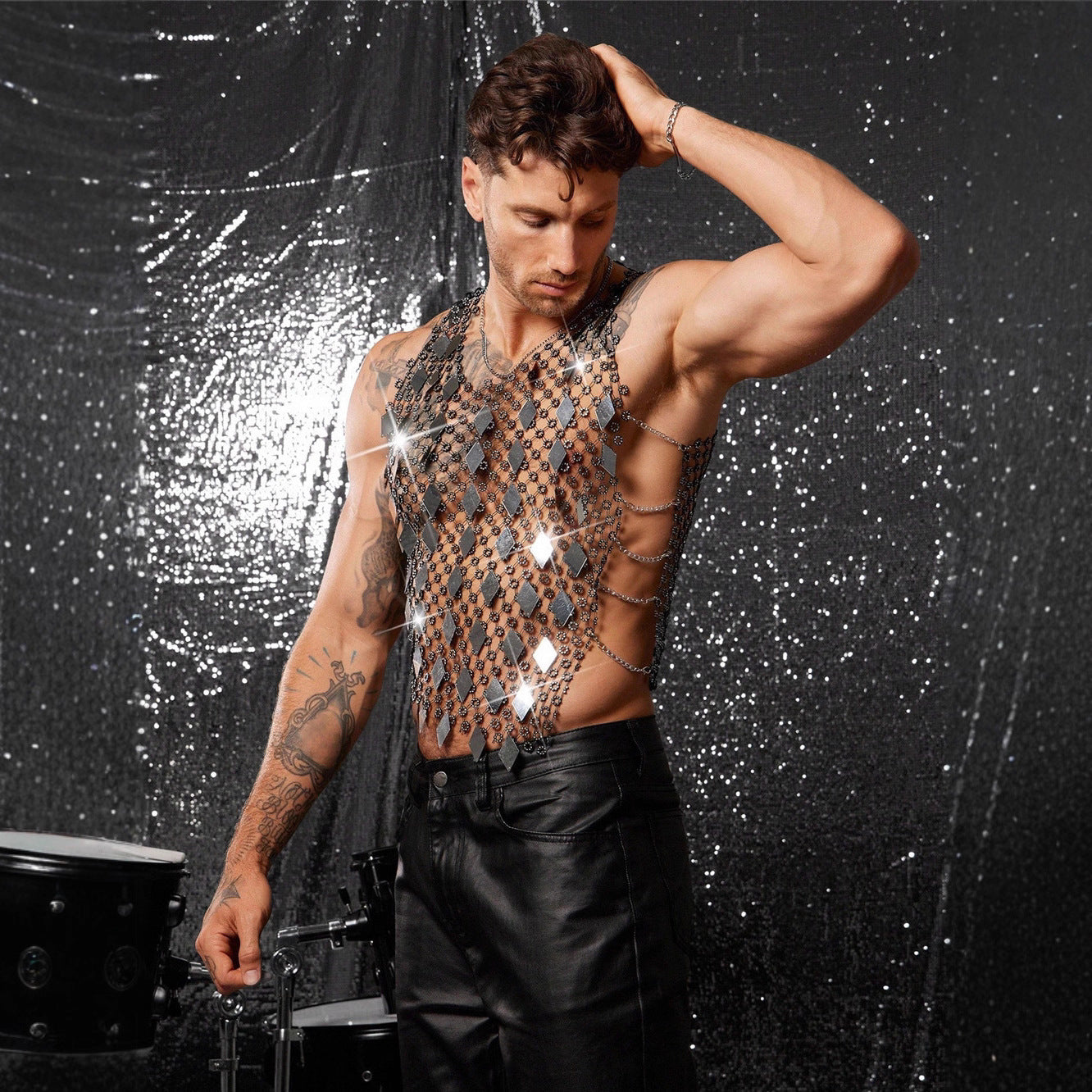Men's Diamond Studded Fishing Net Hollow Diamond Bead Vest