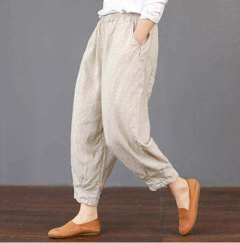 Spring And Summer Women's Casual Solid Color Cotton Linen Elastic Women's Pants