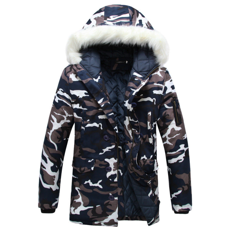 Camouflage large fur collar mid-length padded coat