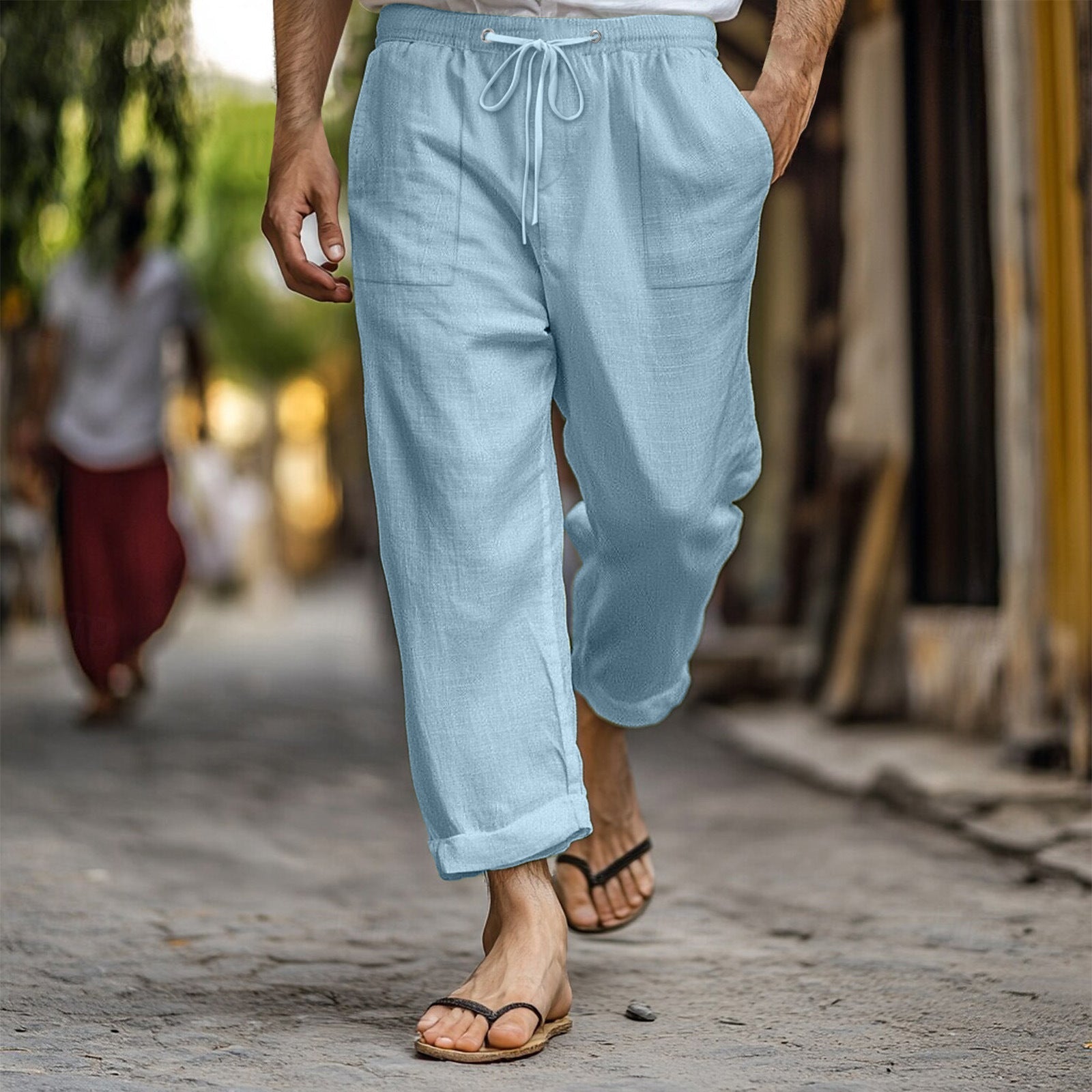 Men's Casual Summer Elastic Waist Drawstring Multi-pocket Cotton And Linen Trousers