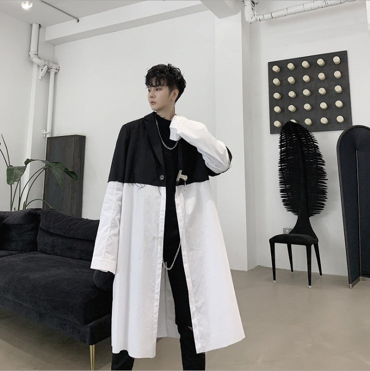 Black and white contrast color mid-length trench coat