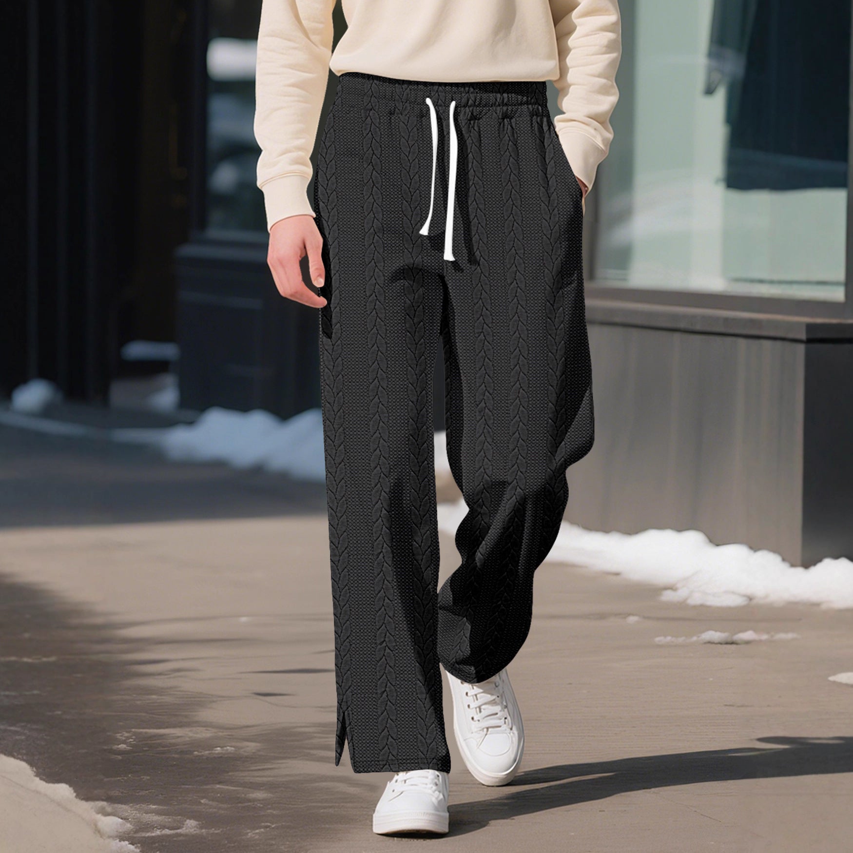 Men's Casual Solid Color Jacquard Cable Knit Large Size Drawstring Trousers