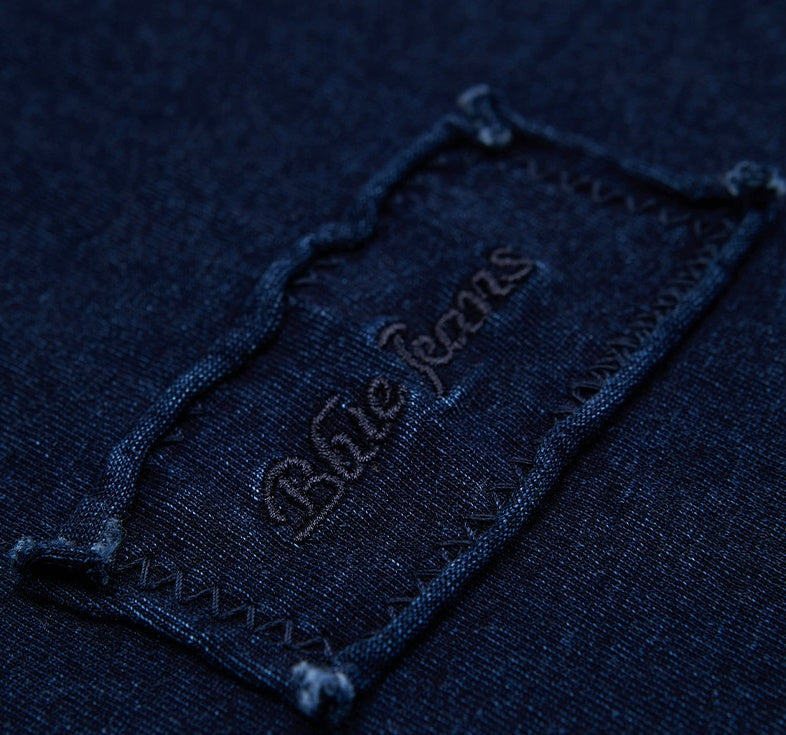 Men's Blue Dyed Knitted Denim Long Sleeve T-shirt Pocket Decoration Wash Water Top