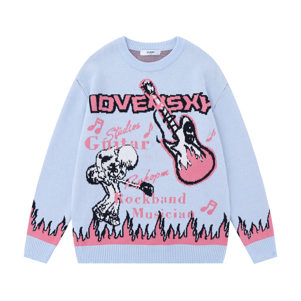European And American Rock Anime Flame Jacquard Round Neck Sweater
