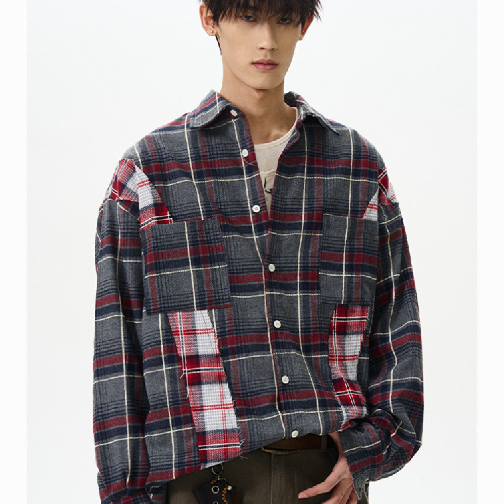 Retro Distressed Patchwork Checkered Long Sleeved Shirt For Men And Women