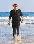 Men's Casual Solid Color Elastic Cotton Linen Two-Piece Suit