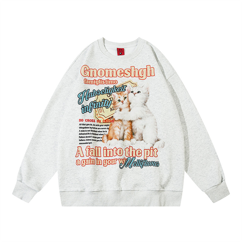Kitten Print Loose Pullover Sweatershirt