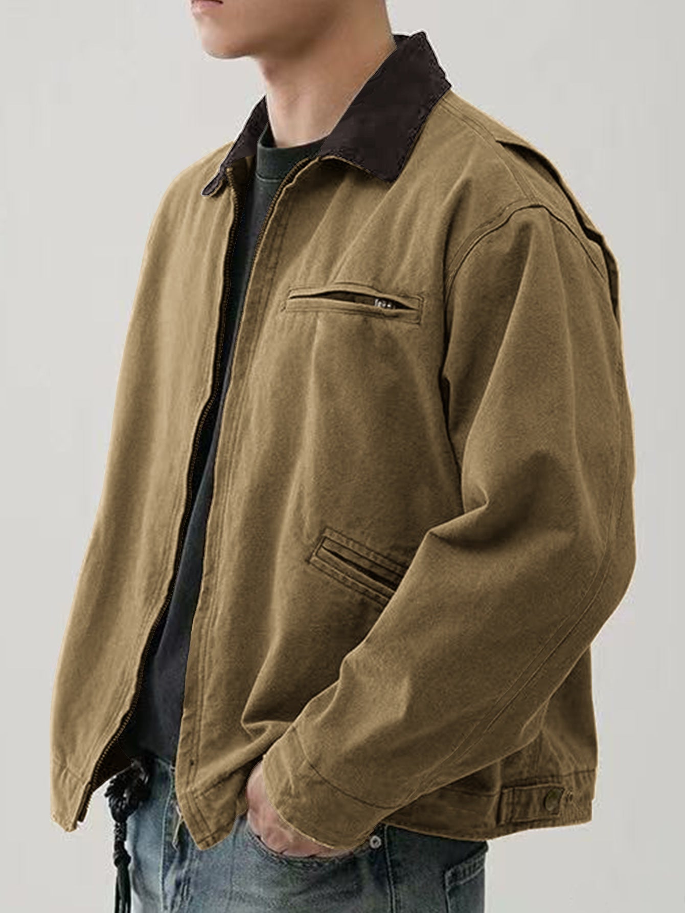 Men's Tooling Washed Jacket Spring And Autumn Color Turn-down Collar Coat