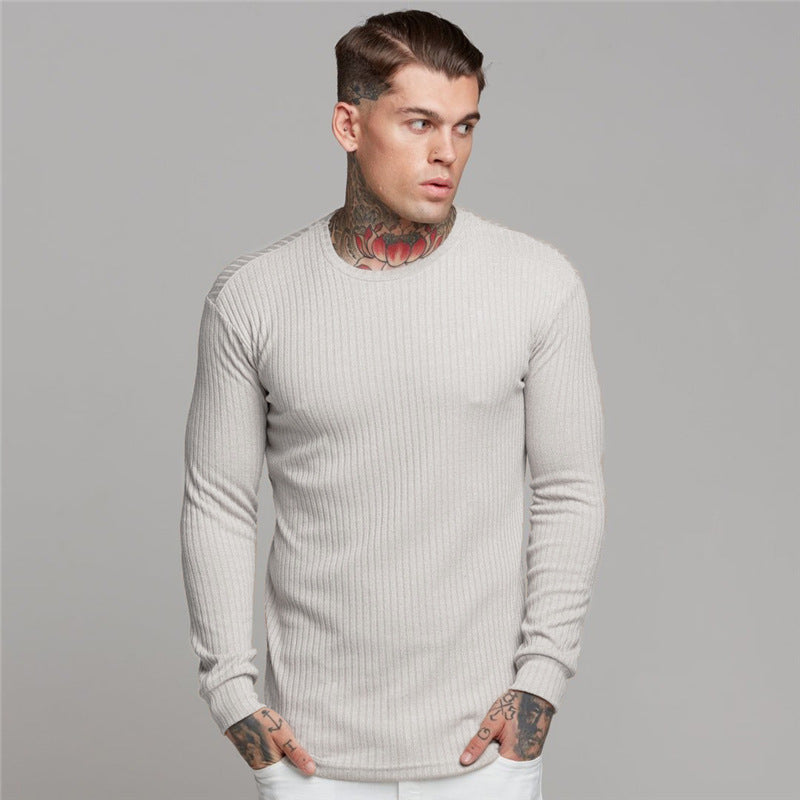 New Sports Bottoming Shirt Men's Fitness Casual Men's Slim Knit Sweater Long-Sleeved T-Shirt