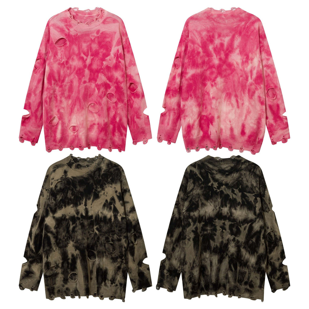 High Street American Beggar Style Tie-dyed Make Old Ripped Round Neck Sweater