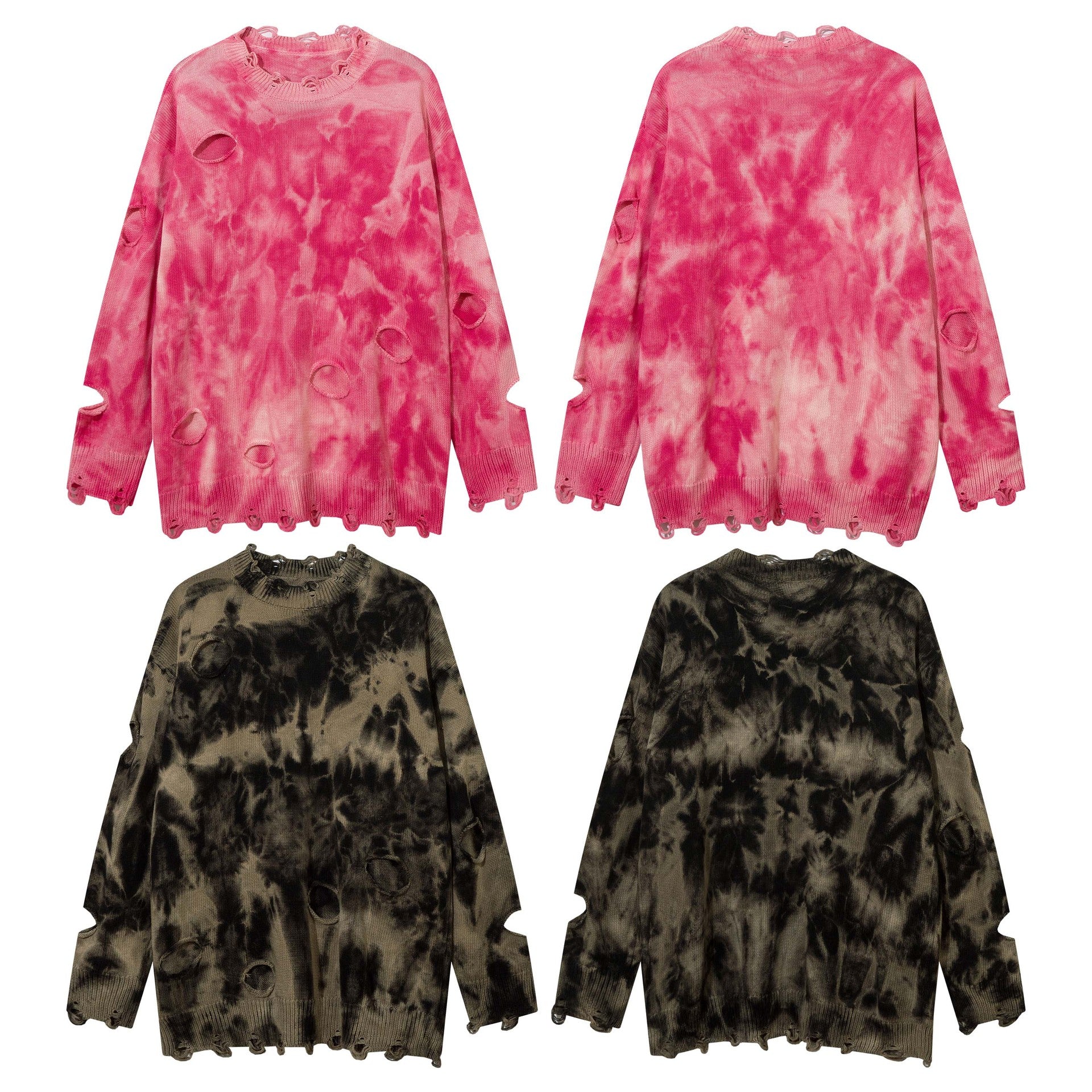 High Street American Beggar Style Tie-dyed Make Old Ripped Round Neck Sweater