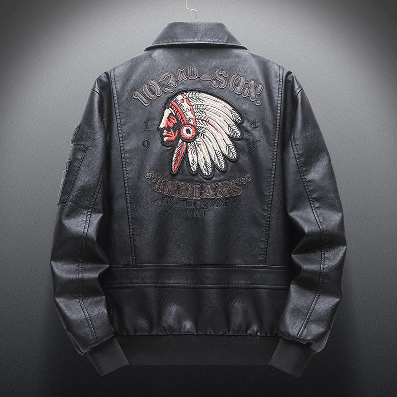 Men's Leather Jacket With Lapel PU Embroidered