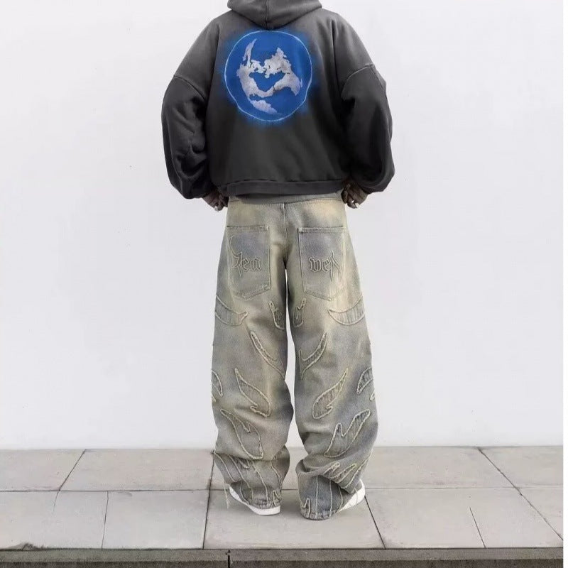 Loose Straight-leg Wide-leg Pants Mud Dyed Ripped Jeans For Men