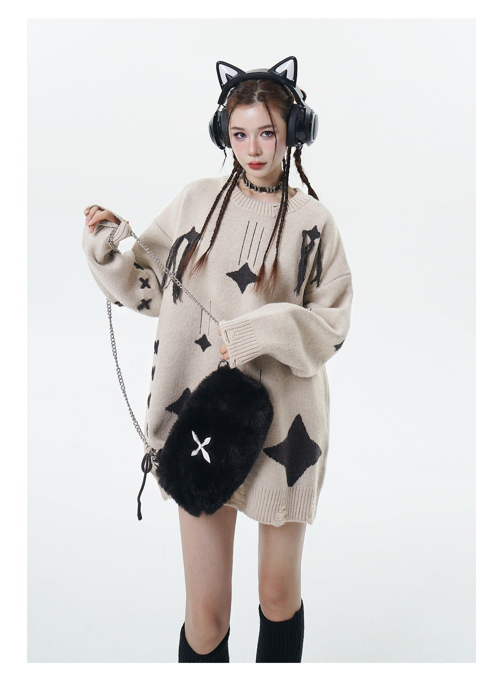 Lace Loose Round Neck Knitted Ripped Sweater