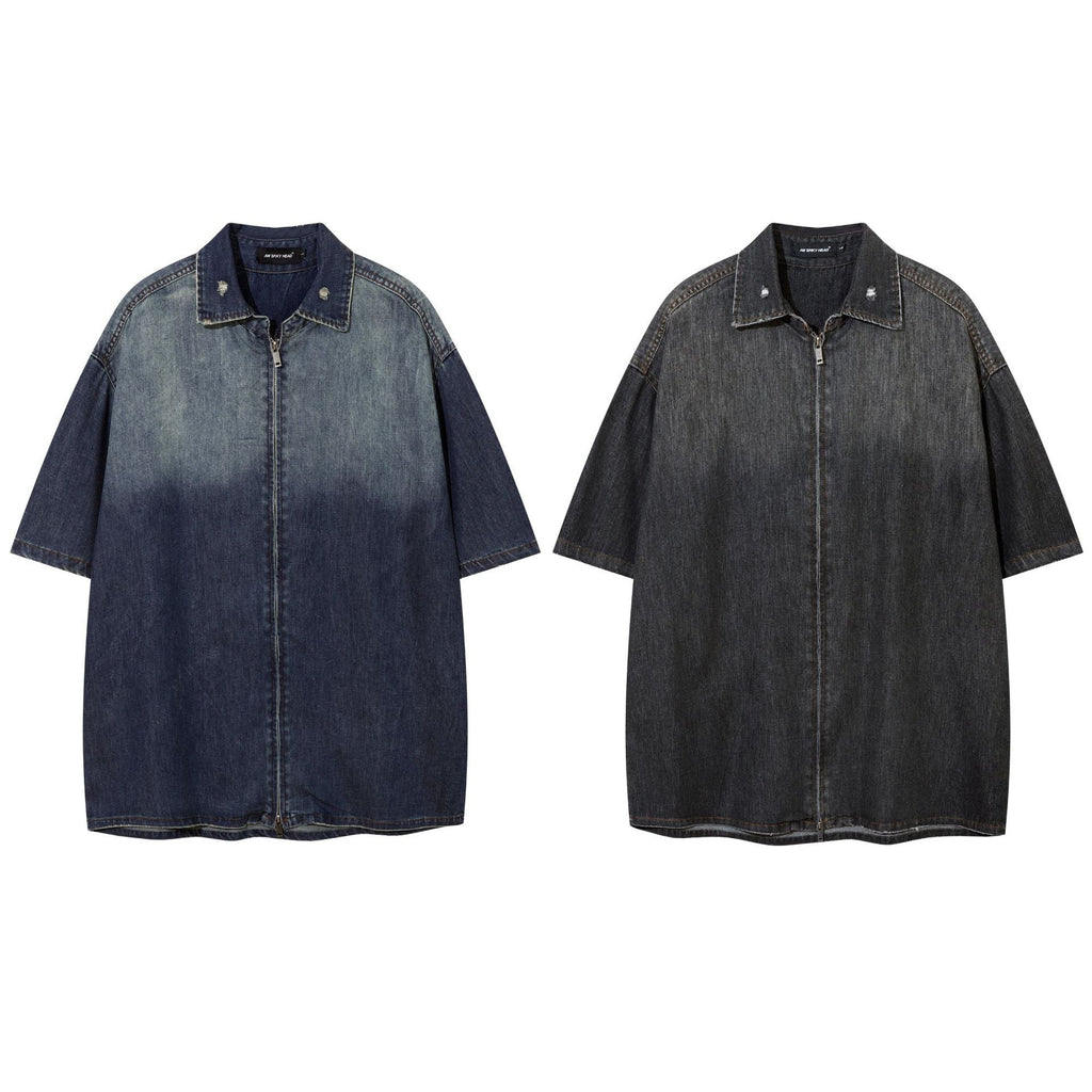 Retro Broken Zipper Short Sleeve Shirt