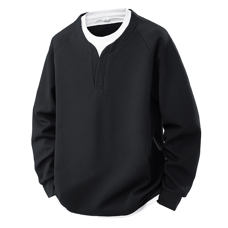 Contrast Colors False-two-piece Trendy V-neck Waffle Sweater Casual All-matching Tops