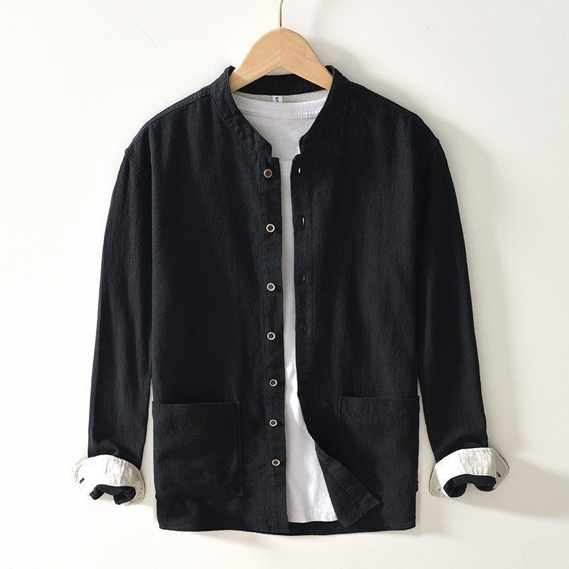 Chinese-style Stand Collar Ramie Long-sleeved Shirt Breathable Linen Casual Chinese-style Shirt For Men