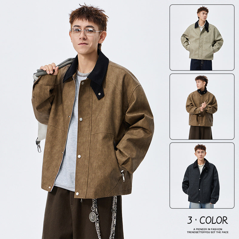 Large Size Men's PU Leather Coat Polo Collar Jacket