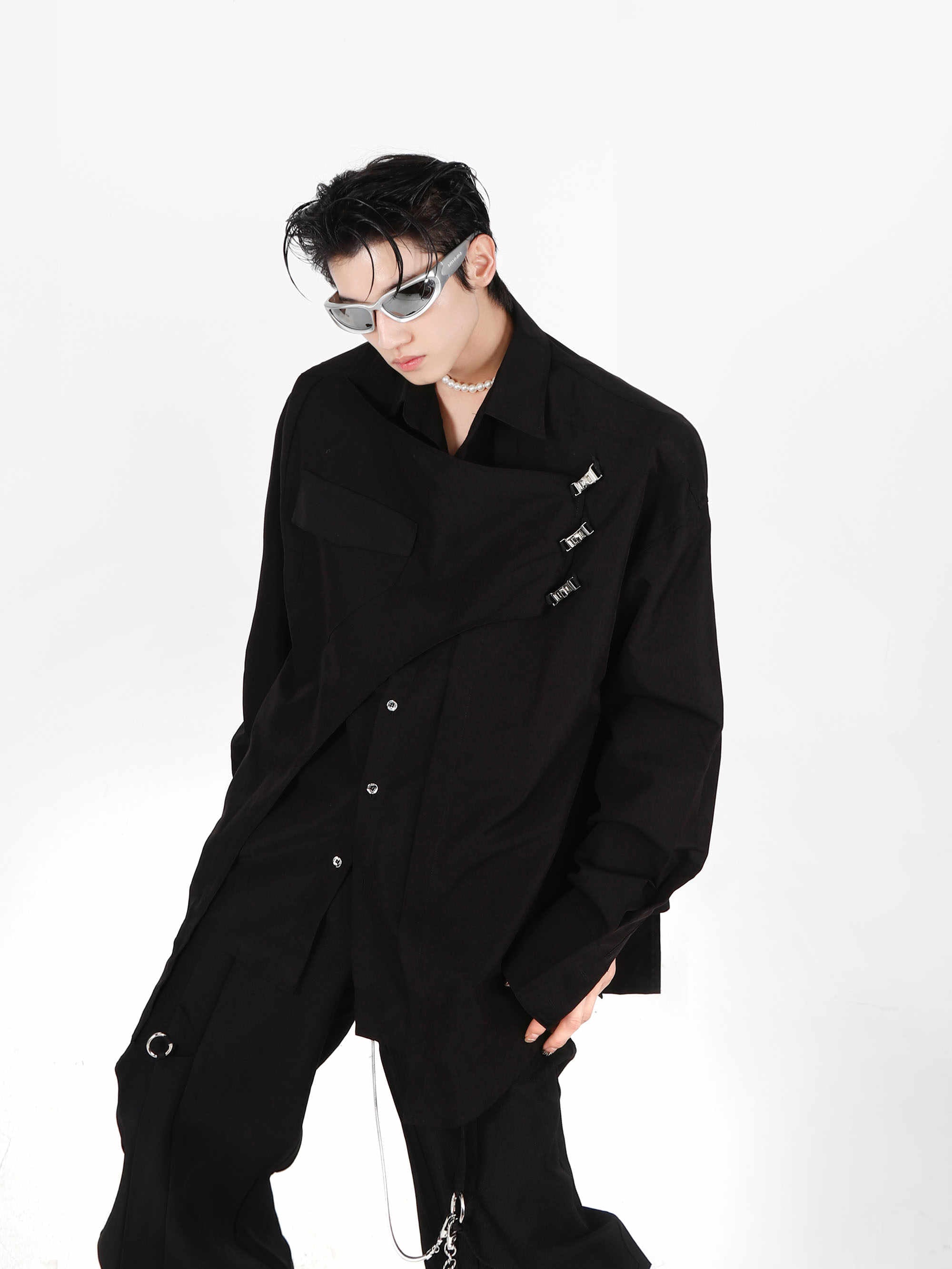 Double-layer Design Metal Embellished Long Sleeve Padded Shoulder Shirt