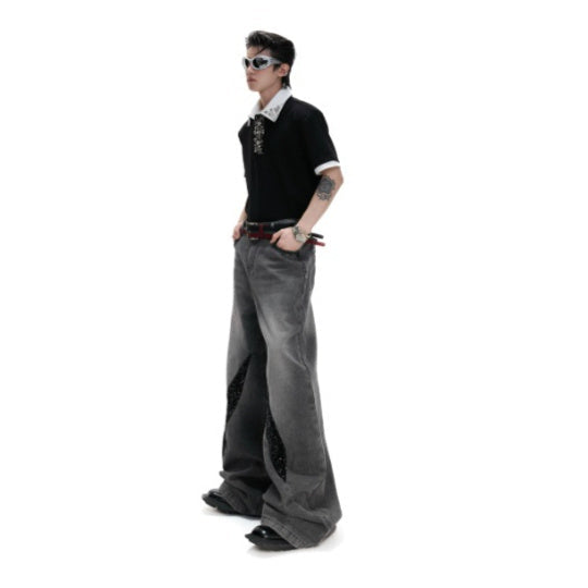 Washed Jeans Distressed Streamer Sequins Casual Straight Pants Men