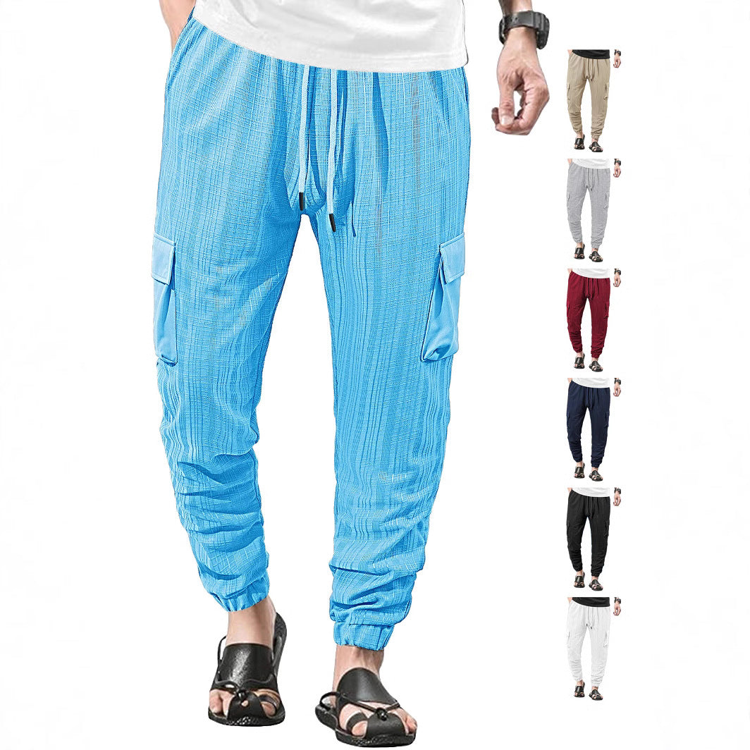 Loose Breathable Micro Elastic Lace-up Imitation Linen Plaid Men's Casual Pants Overalls