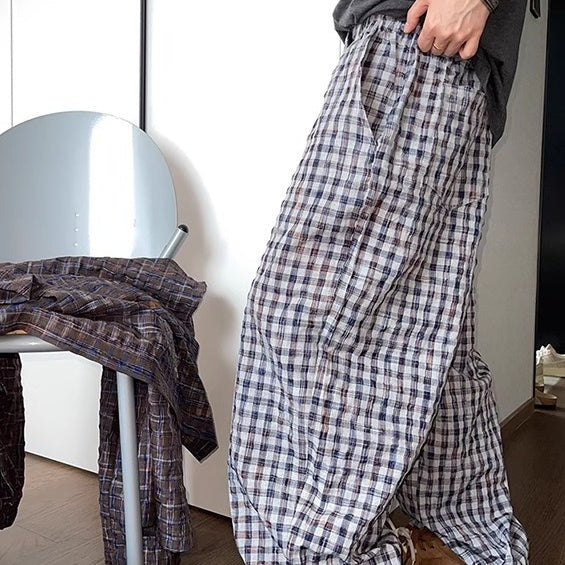 Retro Easy Matching Gradient Color Painted Bubble Plaid Casual Pants