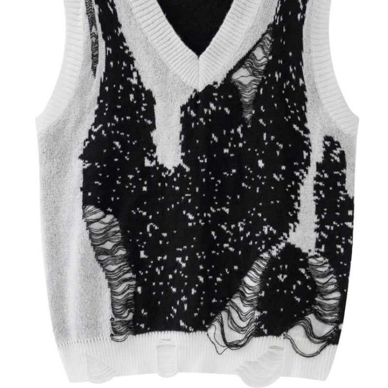 Men's Sweater Color Matching Crochet V-neck Hole Pullover Knitted Vest